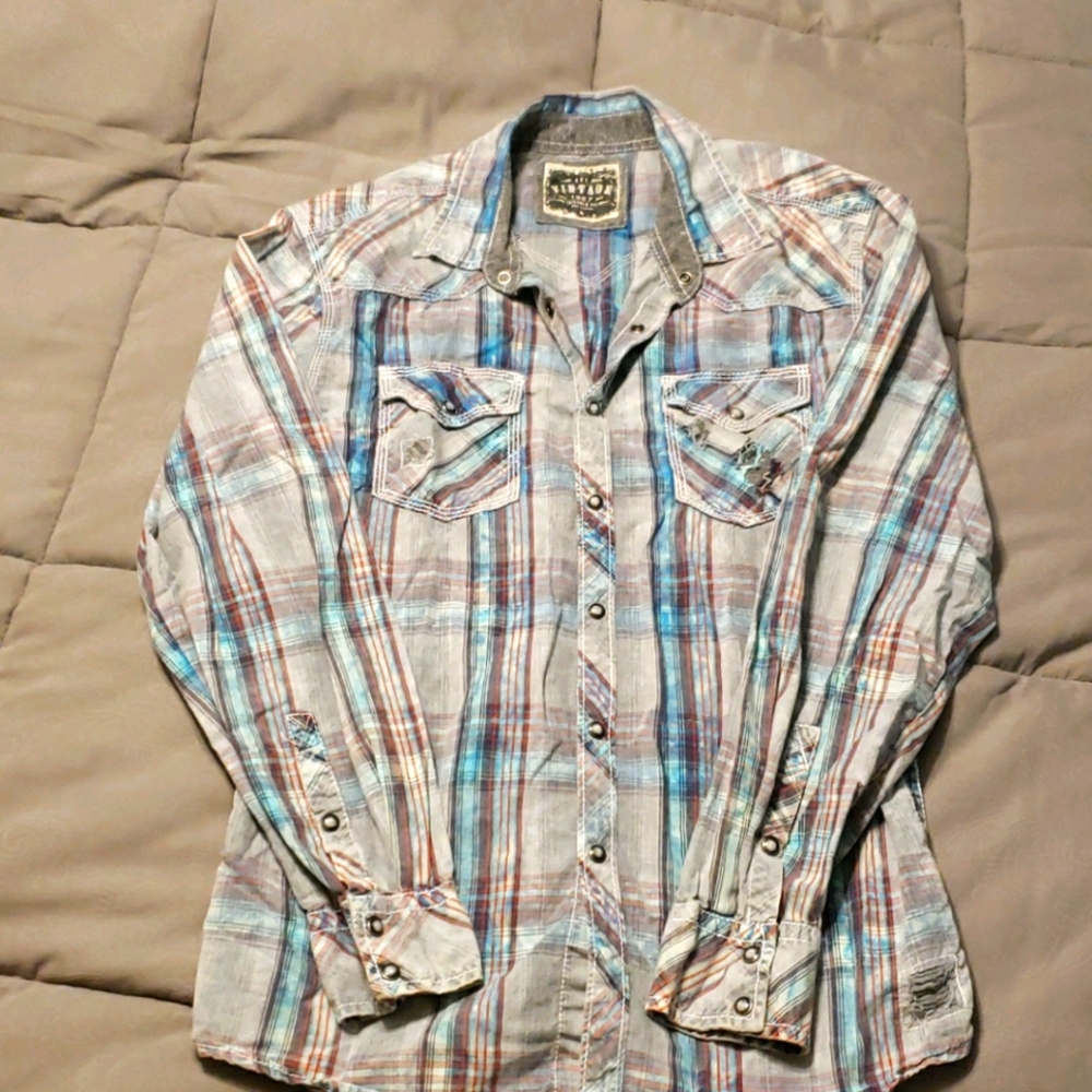 BKE Vintage Grey & Blue Plaid Tailored Fit Shirt